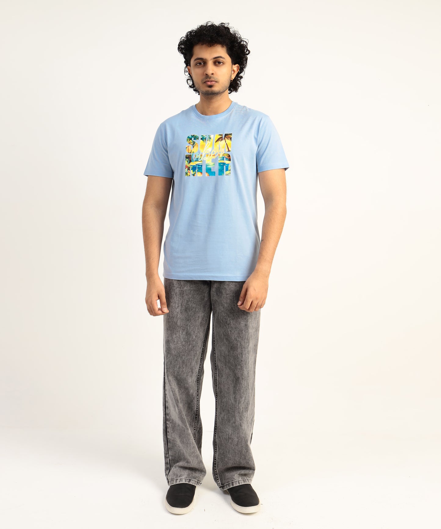 Crew Neck Short Sleeve Graphic T-shirt - Vibe Print - Light Sky Blue