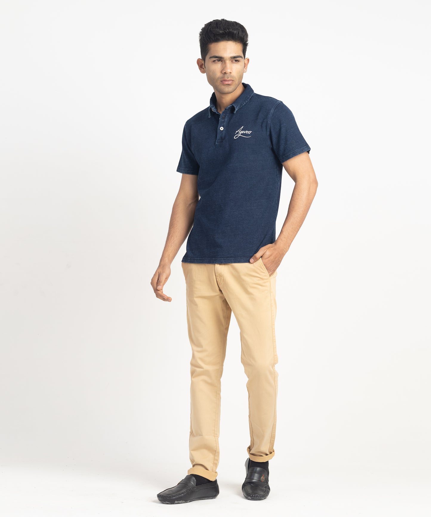 Men's Flat Knit Collar Denim Polo Shirt