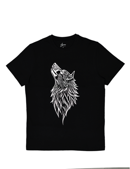 Crew Neck Short Sleeve Graphic T-shirt - Wolf Print - Black