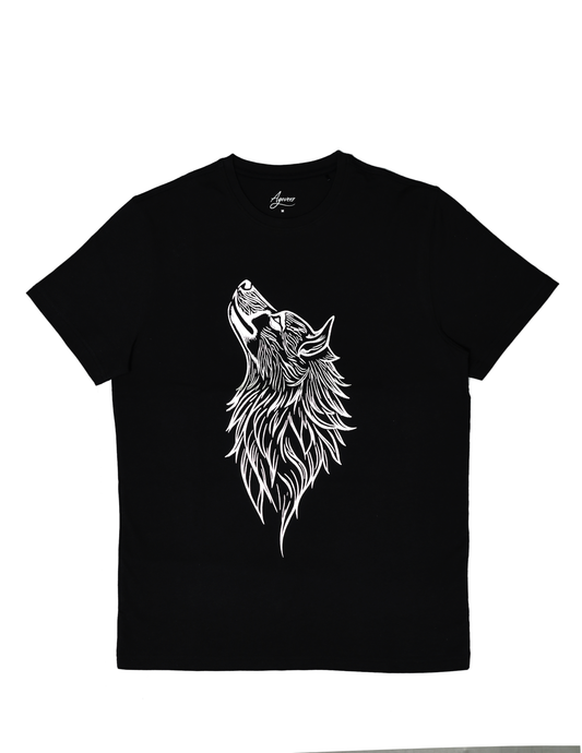 Crew Neck Short Sleeve Graphic T-shirt - Wolf Print - Black