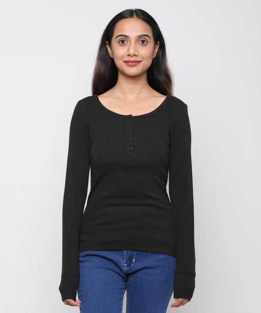 Womens Micro rib henley neck long sleeve Tee Shirt