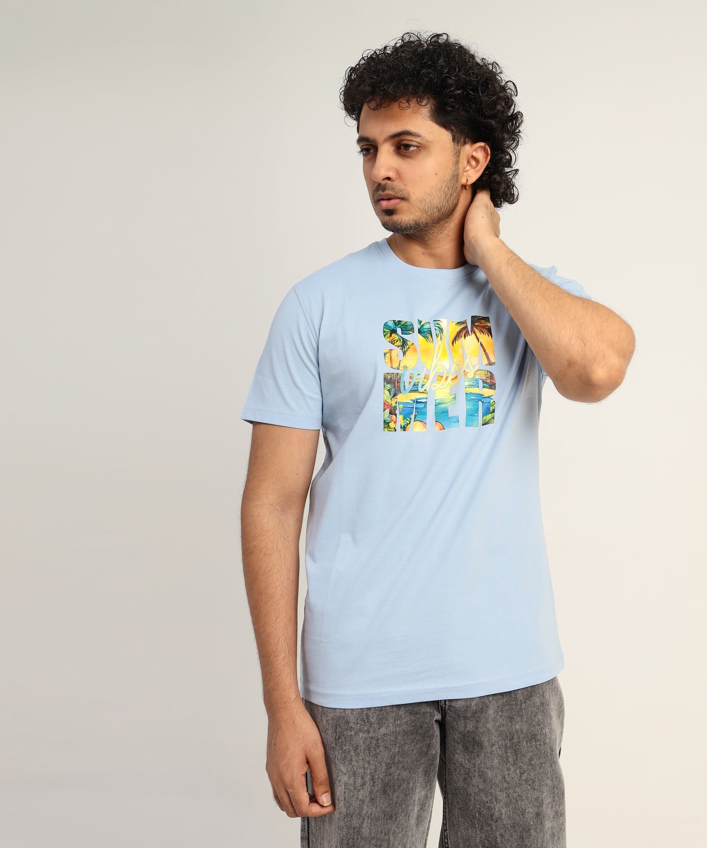 Crew Neck Short Sleeve Graphic T-shirt - Vibe Print - Light Sky Blue