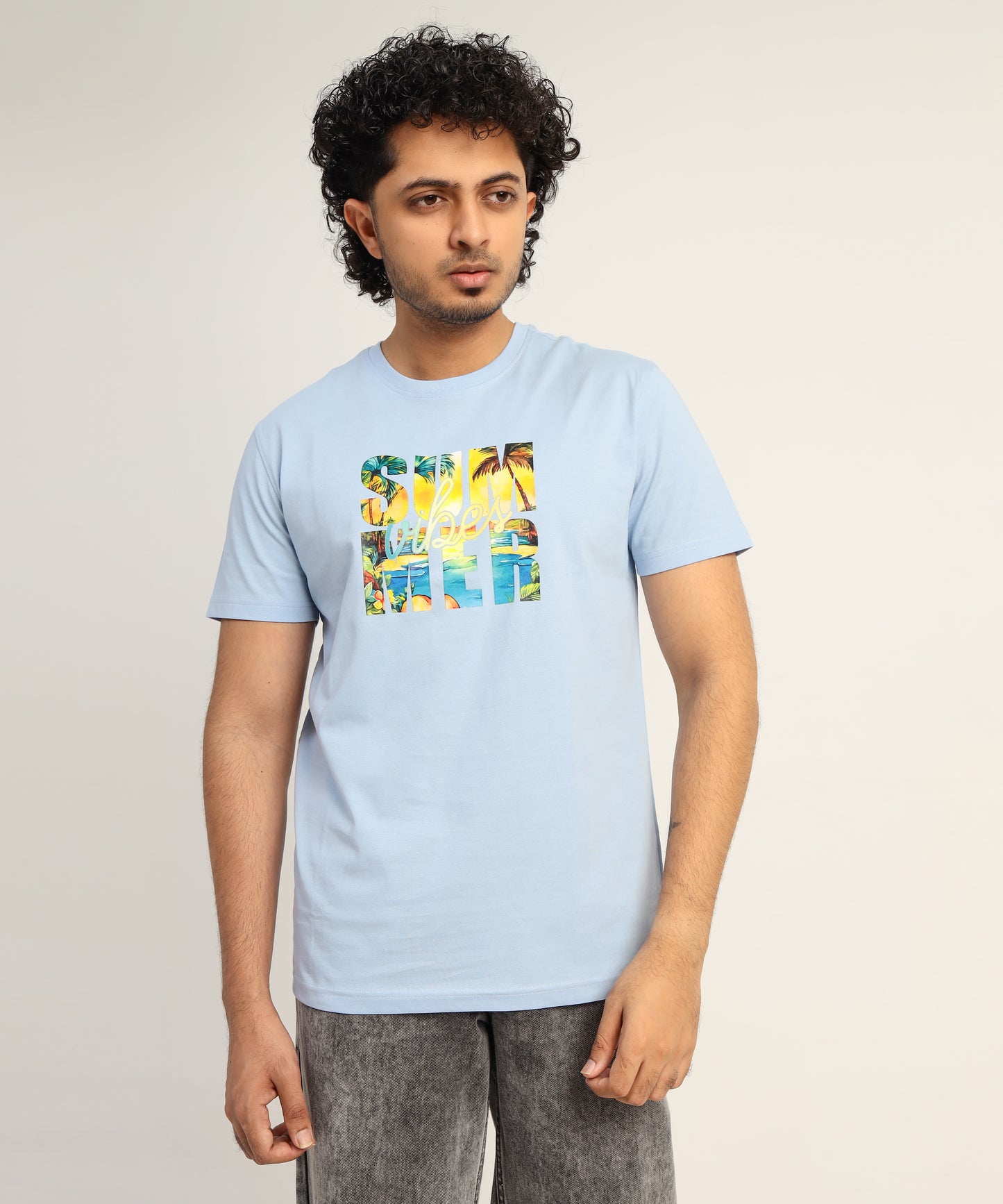 Crew Neck Short Sleeve Graphic T-shirt - Vibe Print - Light Sky Blue