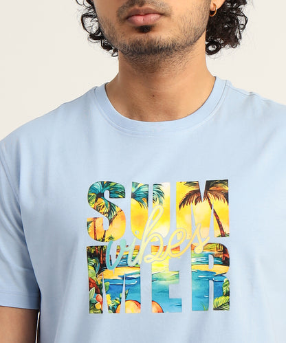 Crew Neck Short Sleeve Graphic T-shirt - Vibe Print - Light Sky Blue