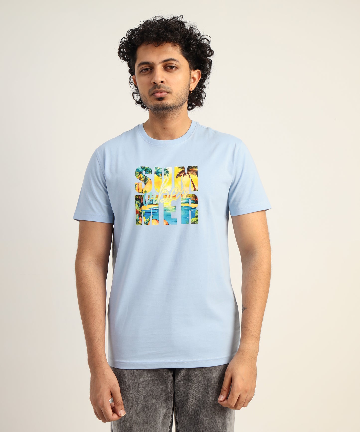 Crew Neck Short Sleeve Graphic T-shirt - Vibe Print - Light Sky Blue