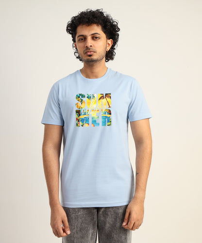 Crew Neck Short Sleeve Graphic T-shirt - Vibe Print - Light Sky Blue