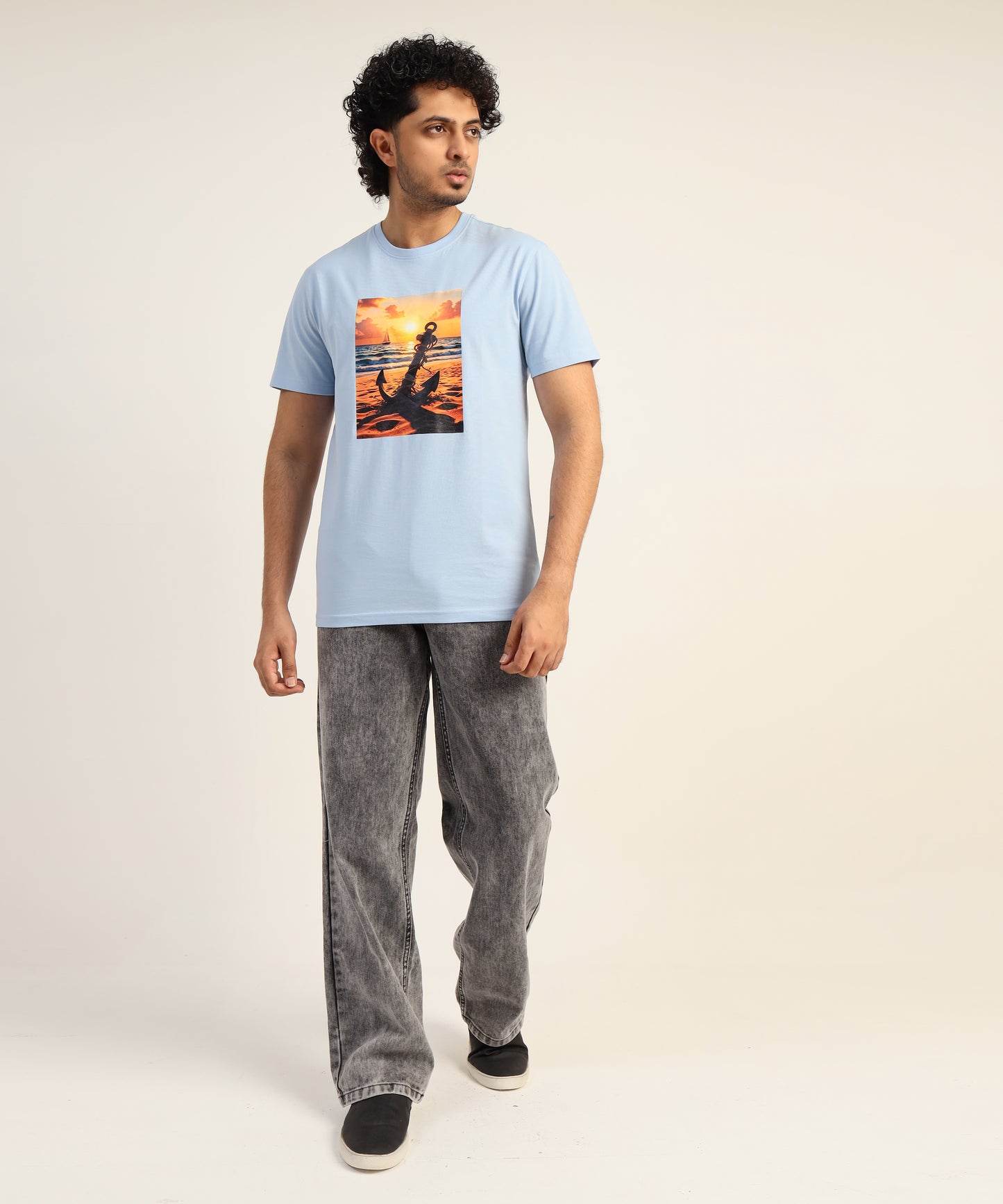 Crew Neck Short Sleeve Graphic T-shirt - Anchor Print - Light Sky Blue