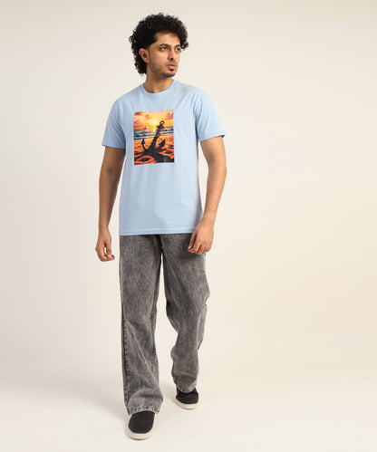 Crew Neck Short Sleeve Graphic T-shirt - Anchor Print - Light Sky Blue