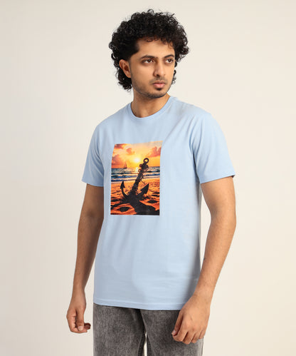 Crew Neck Short Sleeve Graphic T-shirt - Anchor Print - Light Sky Blue