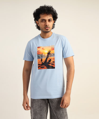 Crew Neck Short Sleeve Graphic T-shirt - Anchor Print - Light Sky Blue