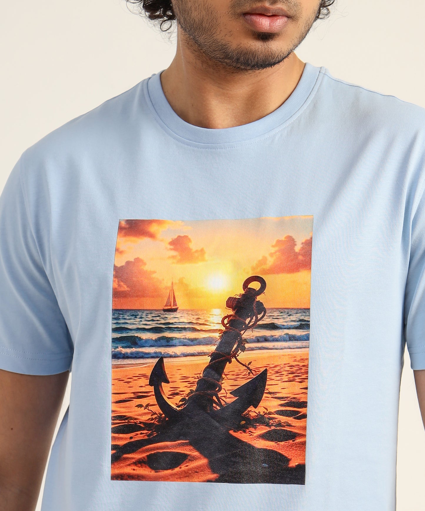 Crew Neck Short Sleeve Graphic T-shirt - Anchor Print - Light Sky Blue