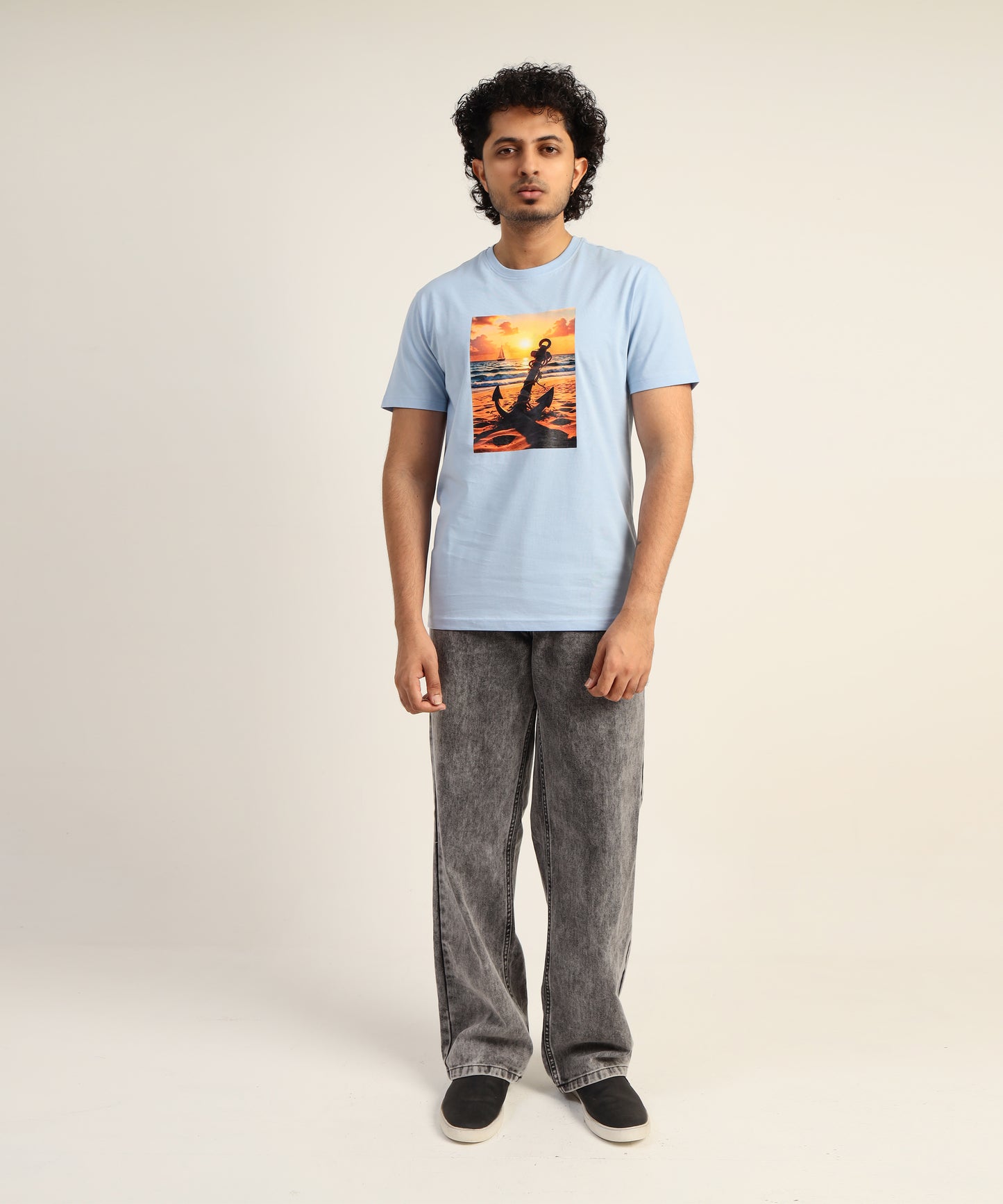 Crew Neck Short Sleeve Graphic T-shirt - Anchor Print - Light Sky Blue
