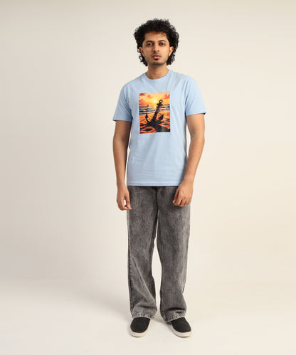 Crew Neck Short Sleeve Graphic T-shirt - Anchor Print - Light Sky Blue