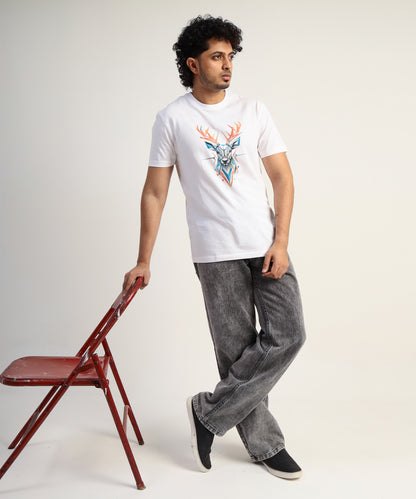 Crew Neck Short Sleeve Graphic T-shirt - Deer Print - White