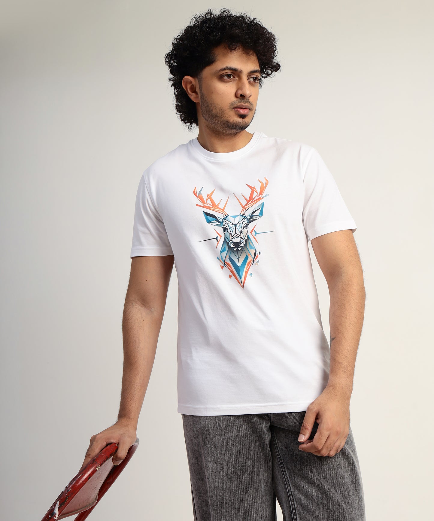 Crew Neck Short Sleeve Graphic T-shirt - Deer Print - White