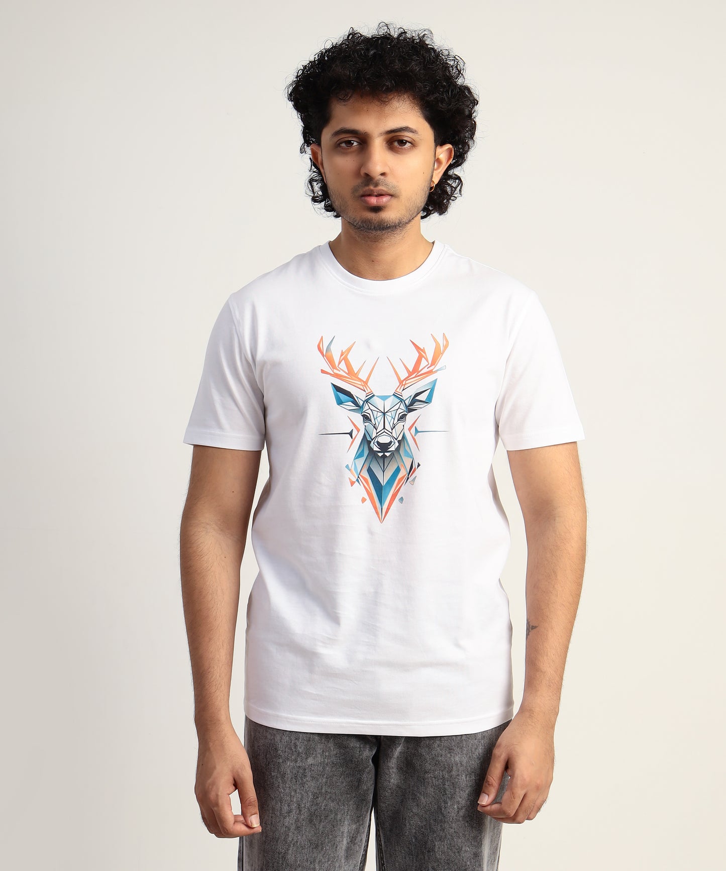 Crew Neck Short Sleeve Graphic T-shirt - Deer Print - White