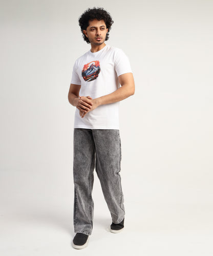 Crew Neck Short Sleeve Graphic T-shirt - Mountain Print - White