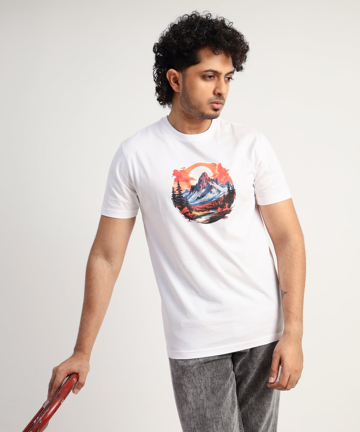 Crew Neck Short Sleeve Graphic T-shirt - Mountain Print - White