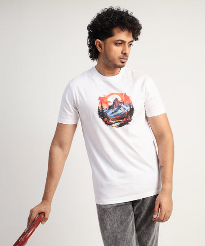 Crew Neck Short Sleeve Graphic T-shirt - Mountain Print - White