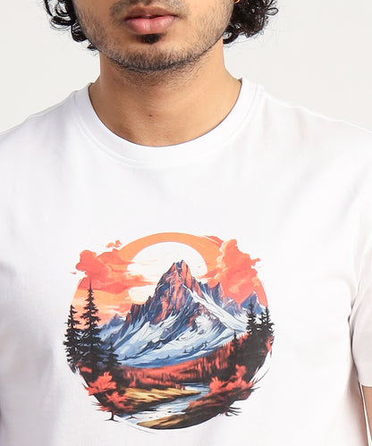 Crew Neck Short Sleeve Graphic T-shirt - Mountain Print - White