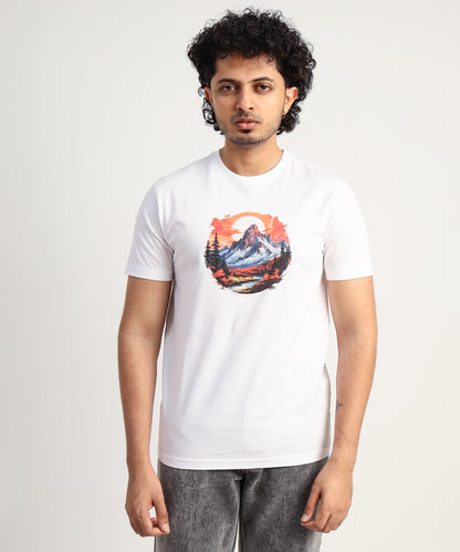 Crew Neck Short Sleeve Graphic T-shirt - Mountain Print - White