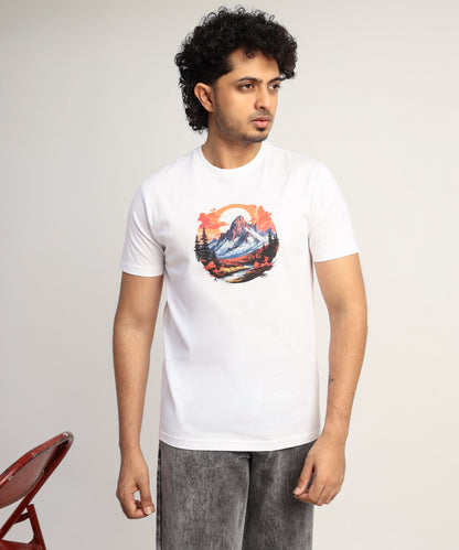 Crew Neck Short Sleeve Graphic T-shirt - Mountain Print - White