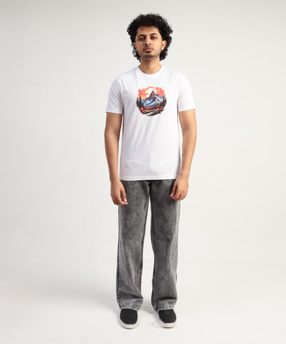 Crew Neck Short Sleeve Graphic T-shirt - Mountain Print - White