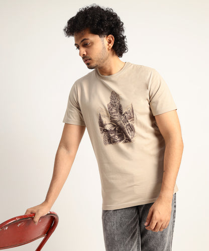Crew Neck Short Sleeve Graphic T-shirt - Girl Print - Beige Safari