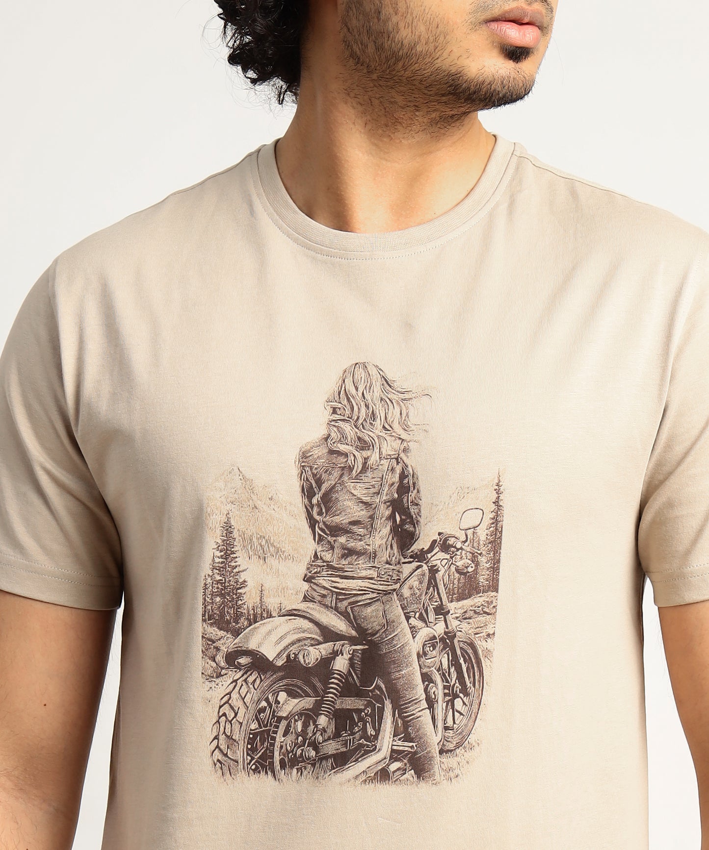 Crew Neck Short Sleeve Graphic T-shirt - Girl Print - Beige Safari