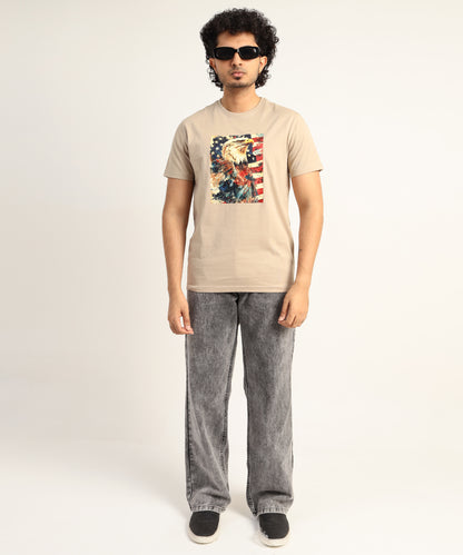 Crew Neck Short Sleeve Graphic T-shirt - Eagle Print - Beige Safari