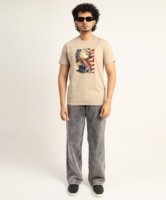 Crew Neck Short Sleeve Graphic T-shirt - Eagle Print - Beige Safari