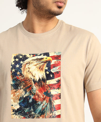 Crew Neck Short Sleeve Graphic T-shirt - Eagle Print - Beige Safari
