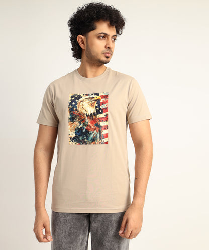 Crew Neck Short Sleeve Graphic T-shirt - Eagle Print - Beige Safari