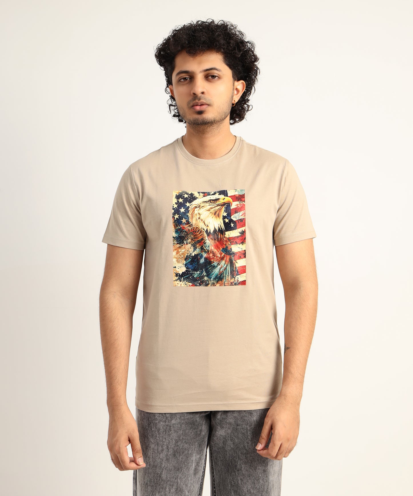 Crew Neck Short Sleeve Graphic T-shirt - Eagle Print - Beige Safari
