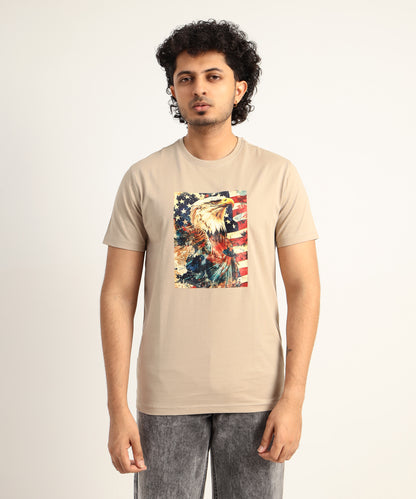 Crew Neck Short Sleeve Graphic T-shirt - Eagle Print - Beige Safari