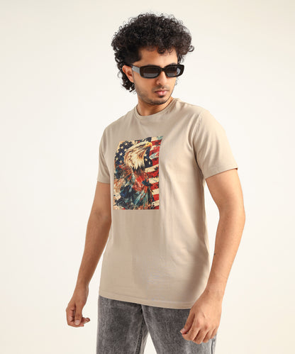 Crew Neck Short Sleeve Graphic T-shirt - Eagle Print - Beige Safari