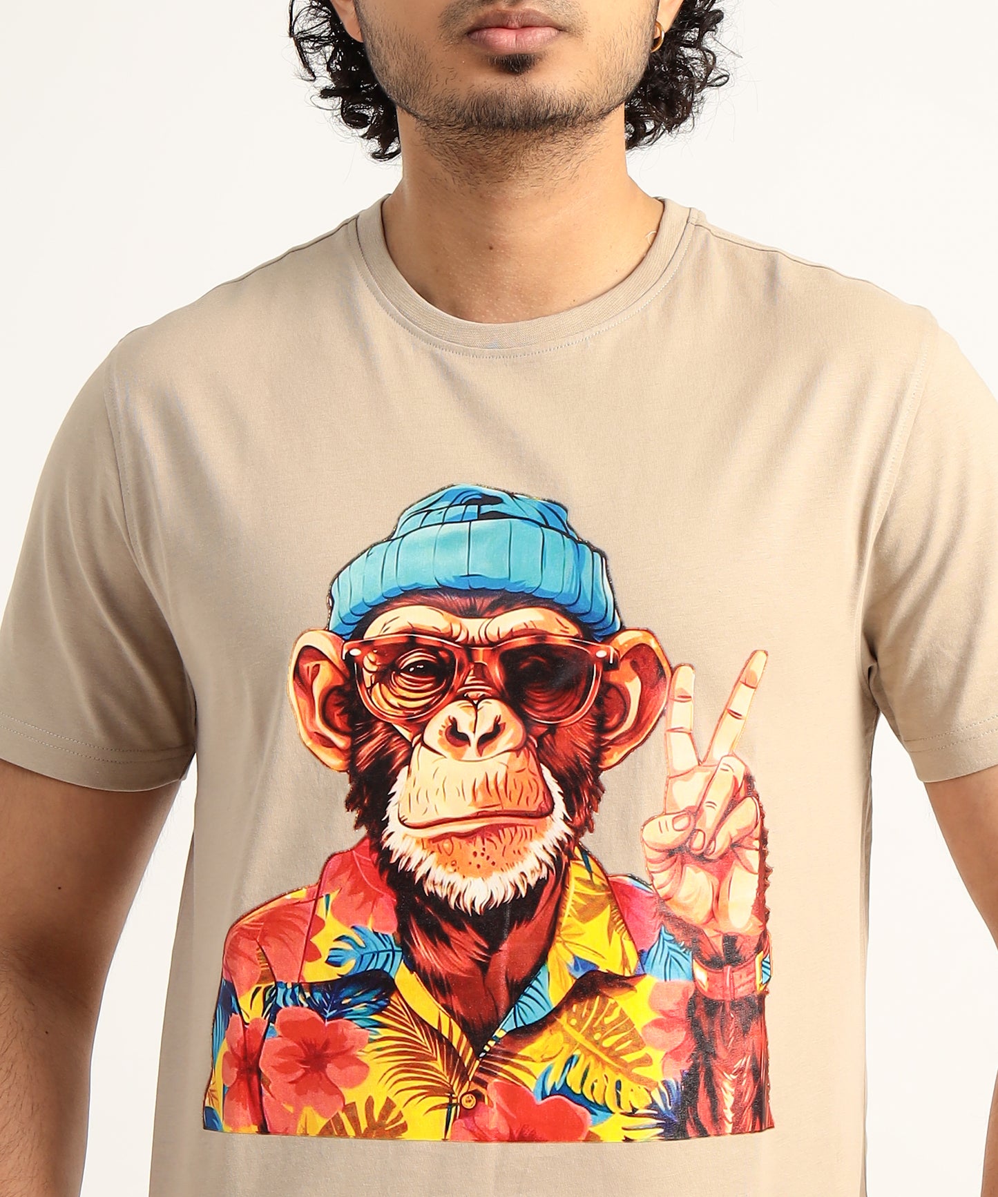 Crew Neck Short Sleeve Graphic T-shirt - Monkey Print - Beige Safari
