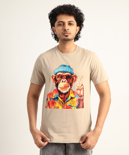 Crew Neck Short Sleeve Graphic T-shirt - Monkey Print - Beige Safari