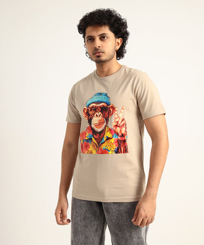 Crew Neck Short Sleeve Graphic T-shirt - Monkey Print - Beige Safari