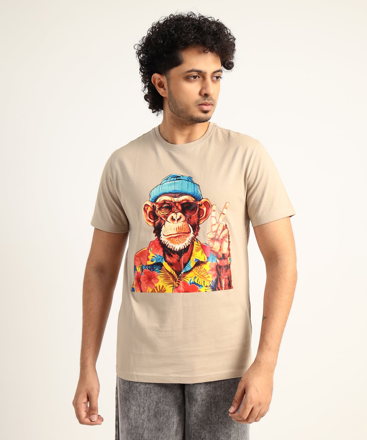 Crew Neck Short Sleeve Graphic T-shirt - Monkey Print - Beige Safari