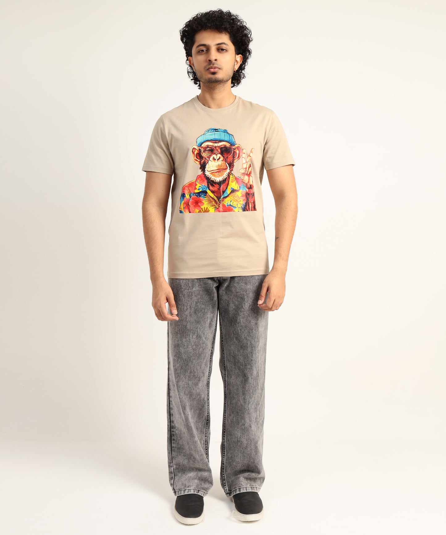 Crew Neck Short Sleeve Graphic T-shirt - Monkey Print - Beige Safari