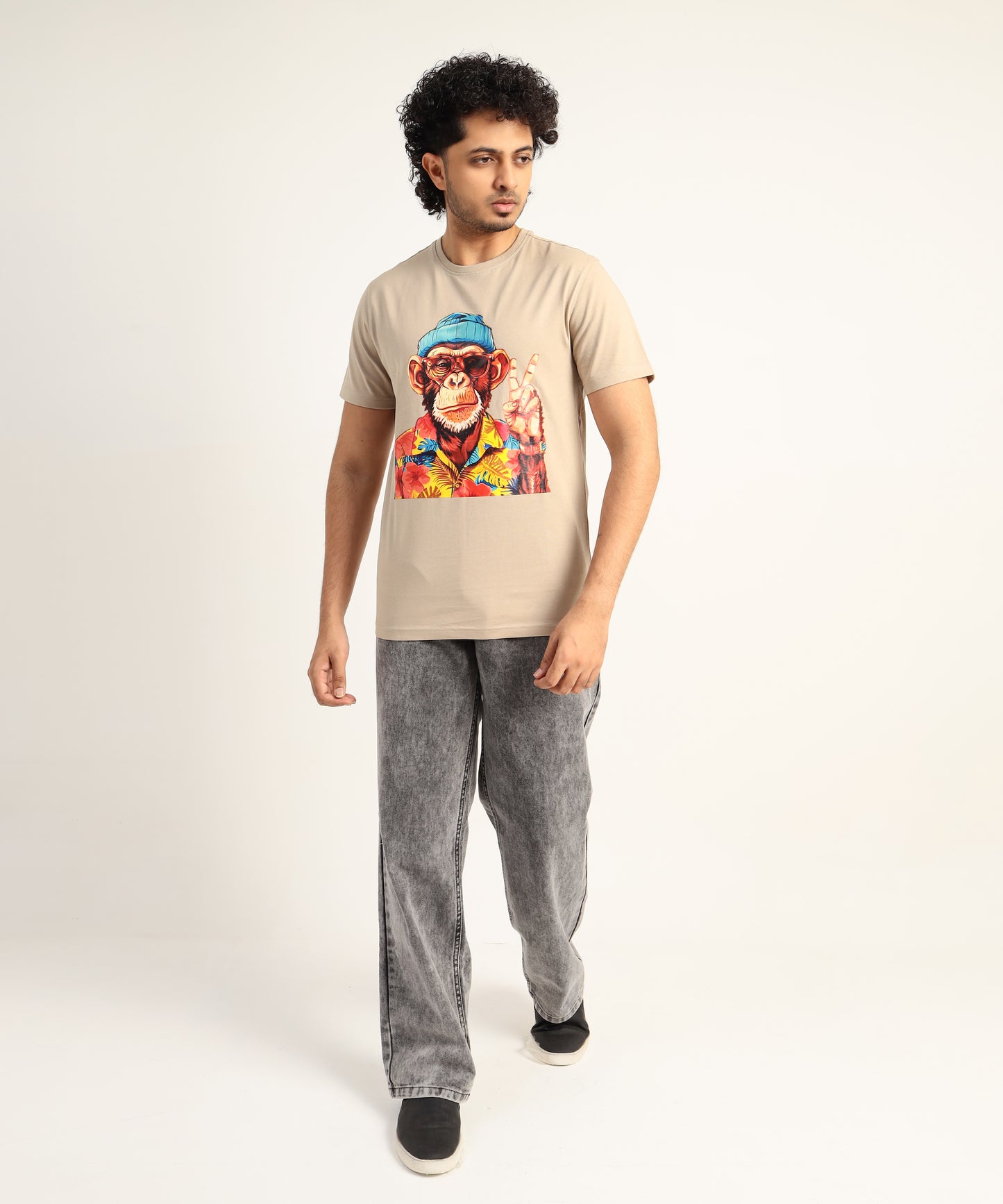 Crew Neck Short Sleeve Graphic T-shirt - Monkey Print - Beige Safari
