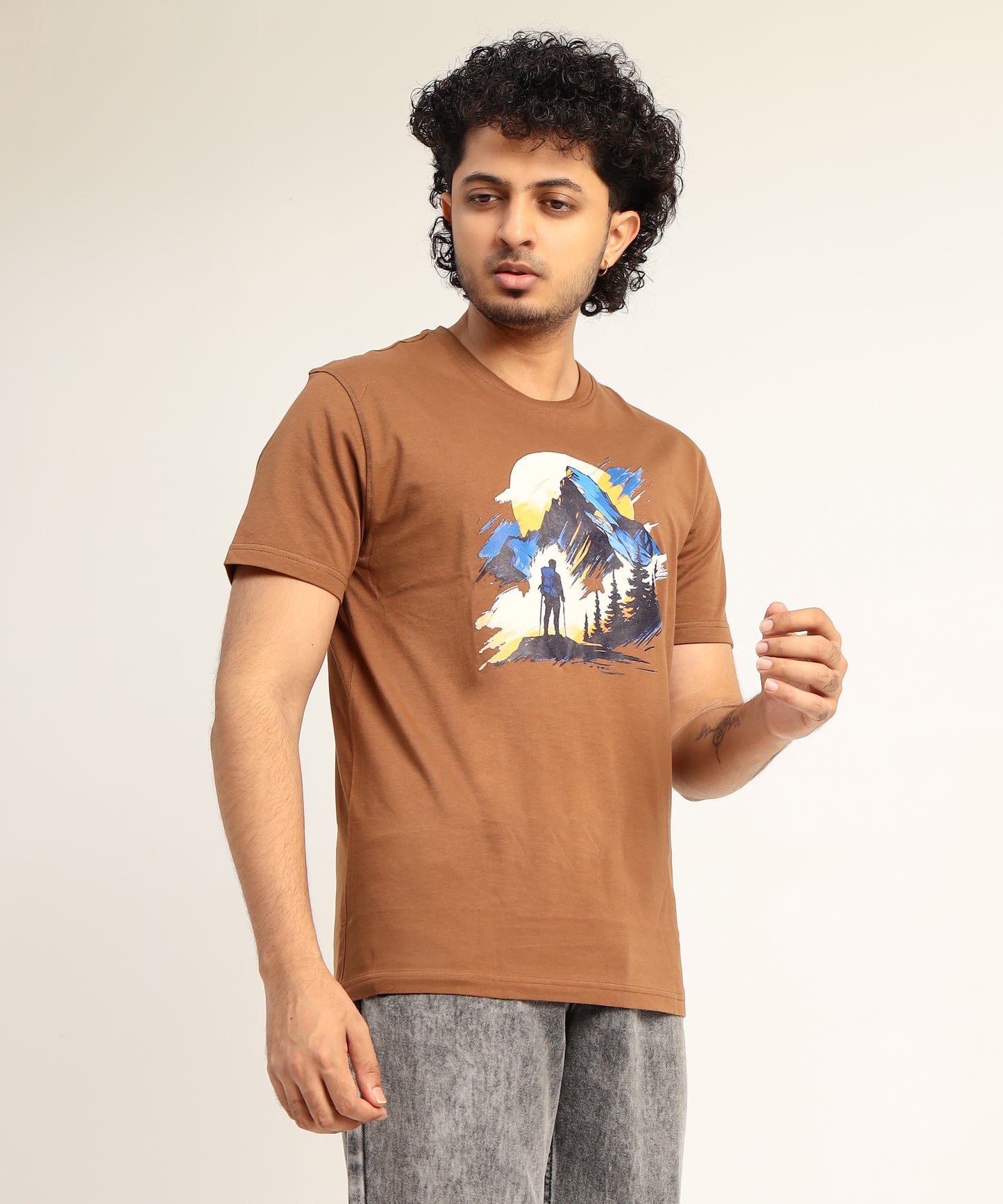 Crew Neck Short Sleeve Graphic T-shirt - Adventure Print - Brown Carob