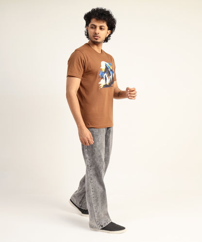 Crew Neck Short Sleeve Graphic T-shirt - Adventure Print - Brown Carob