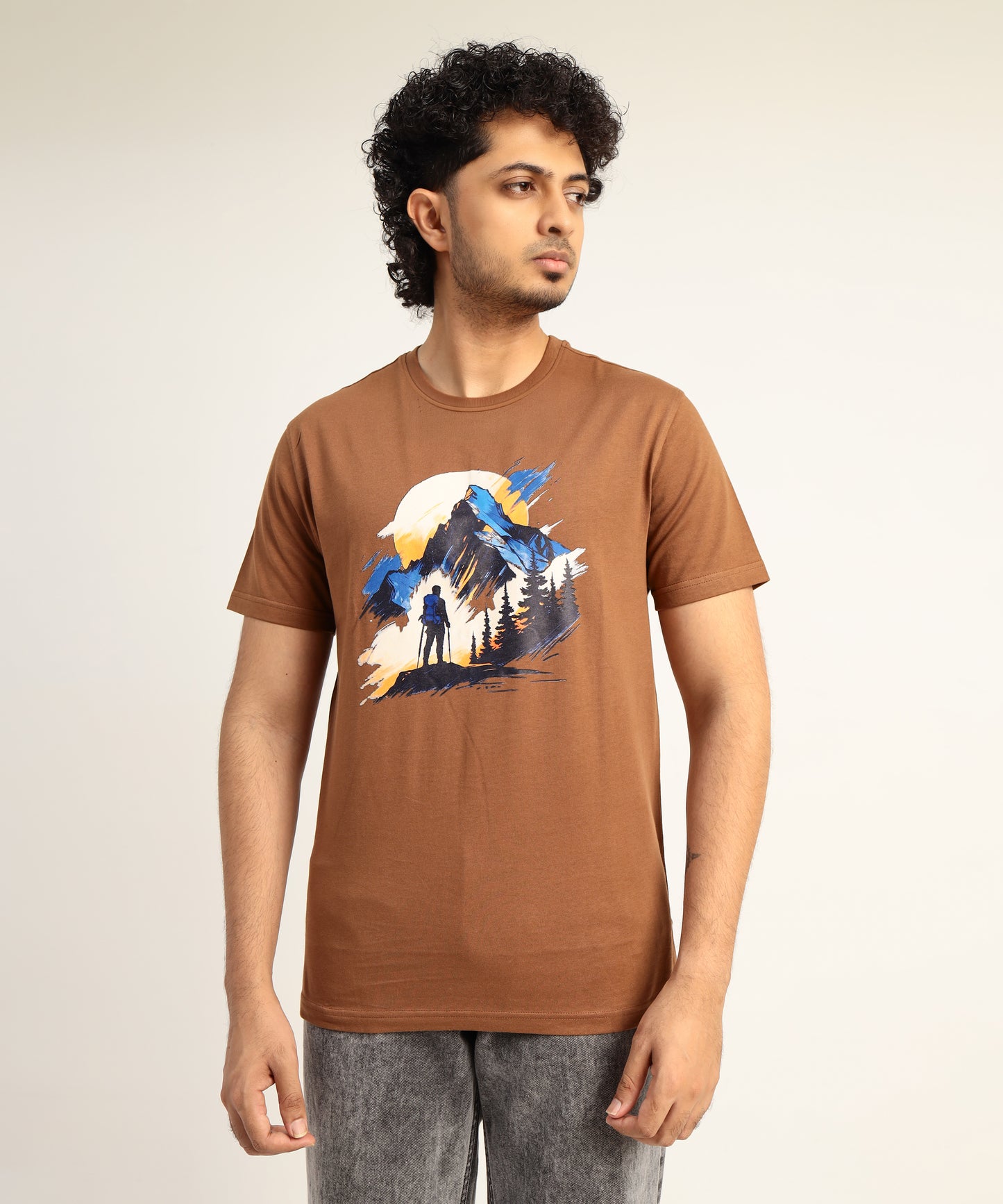 Crew Neck Short Sleeve Graphic T-shirt - Adventure Print - Brown Carob