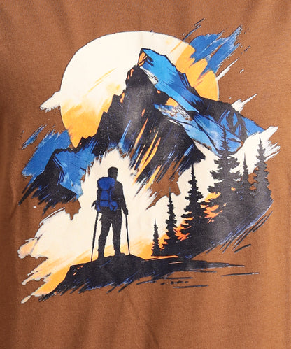 Crew Neck Short Sleeve Graphic T-shirt - Adventure Print - Brown Carob