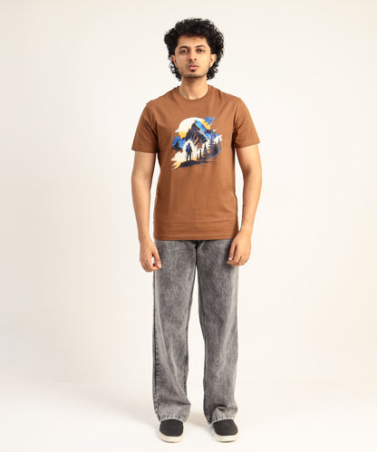 Crew Neck Short Sleeve Graphic T-shirt - Adventure Print - Brown Carob
