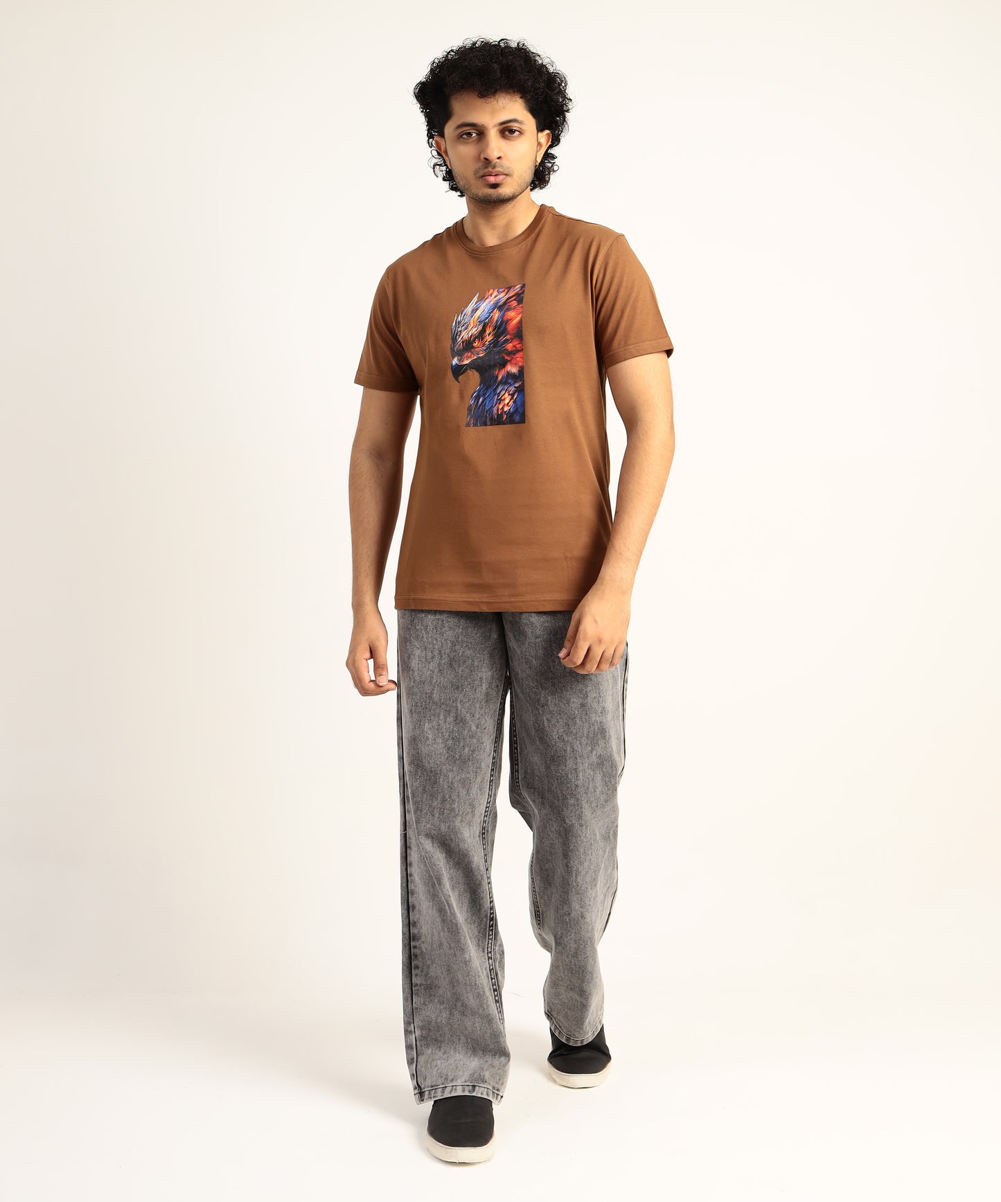 Crew Neck Short Sleeve Graphic T-shirt - Phoenix Print - Brown Carob