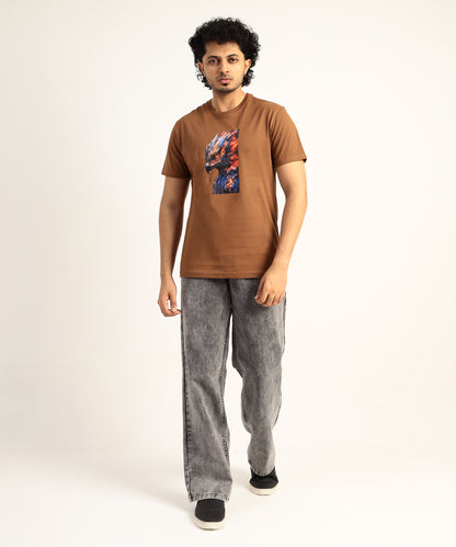 Crew Neck Short Sleeve Graphic T-shirt - Phoenix Print - Brown Carob
