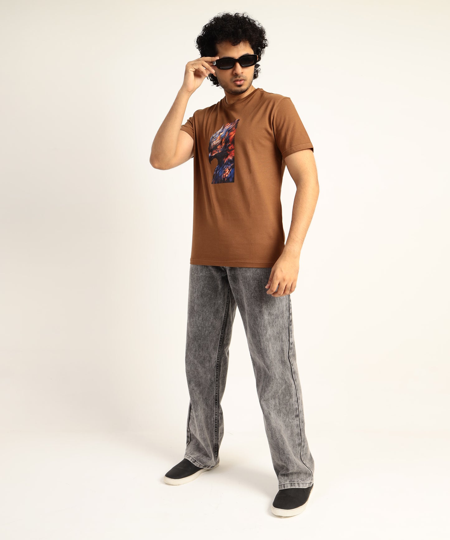 Crew Neck Short Sleeve Graphic T-shirt - Phoenix Print - Brown Carob